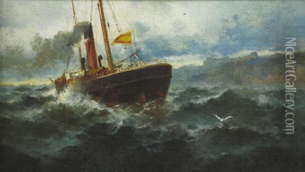 Barco En Mar Enbravecido Oil Painting - Francisco Hernandez Monjo