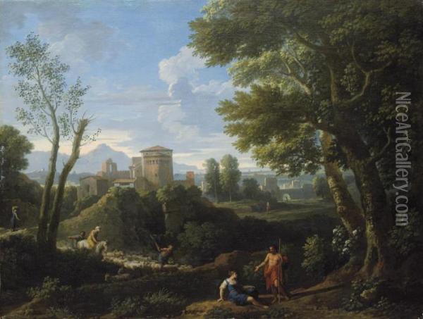 An Extensive Classical Landscape
 With Shepherds In The Foreground And A Fortified Town Beyond Oil Painting - Jan Frans Van Bloemen (Orizzonte)