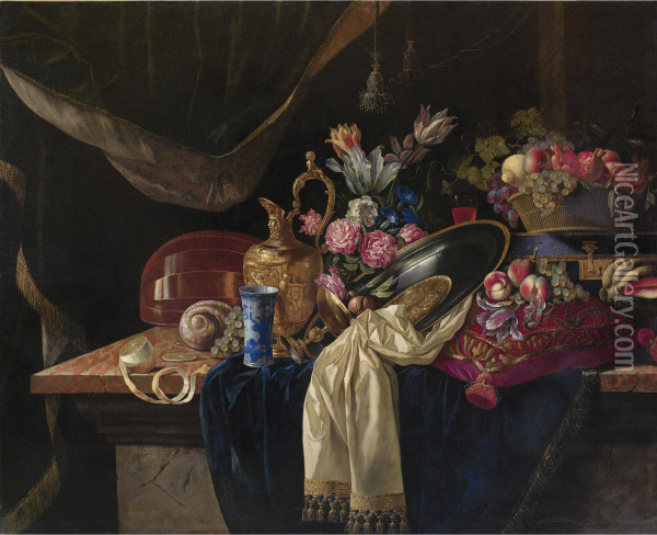 Nature Morte A L'aiguiere, Au Bouquet De Tulipe Et A Lamandoline Oil Painting - Francois Habert