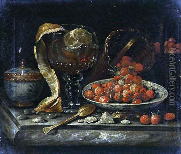 Still Life of Chinese Blue and White Bowl and Cover, Glass Roemer, Gold Spoon and Fruit Oil Painting - (manner of) Roestraten, Pieter Gerritsz. van