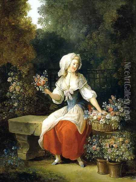 Flower-Woman in Red Apron Oil Painting - Jean-Frederic Schall