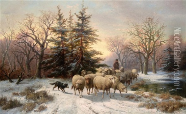 A Shepherd Herding Sheep Through A Winter Landscape Oil Painting - Alexis de Leeuw