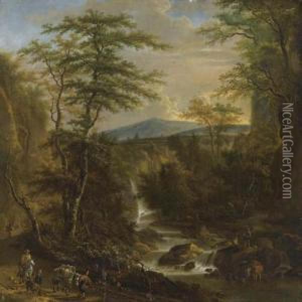 Southern Forest Landscape With 
Waterfall, Travellers And Fishermen The Figures Probably By Johannes 
Lingelbach. Oil Painting - Adriaen Hendricksz. Verboom
