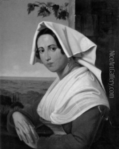 Italienische Trachtenfrau Vor Weiter Landschaft Oil Painting - Leopold-Louis Robert
