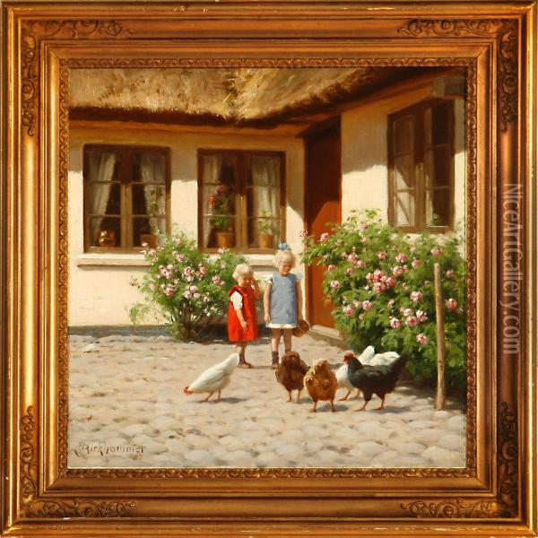 Two Girls Feeding The Hen Oil Painting - Axel Birkhammer