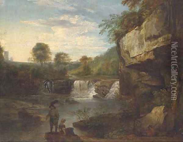 Figures on the bank of a river in a rocky gorge Oil Painting - Thomas Barker of Bath