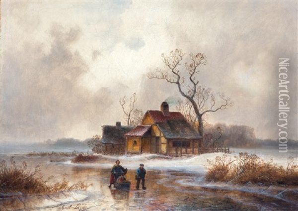 Figuren Op Het Ijs Bij Winternamiddagzon Oil Painting - Johann Gustav Lange