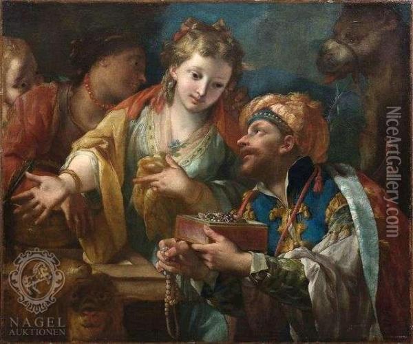 The Queen Of Saba And Salomon Oil Painting - Antonio Molinari