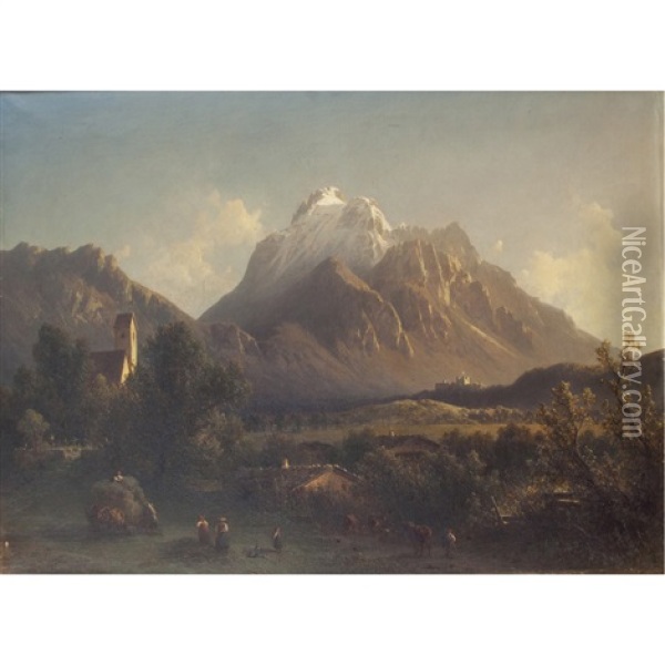 An Alpine Landscape With Haymakers Oil Painting - Julius Lange