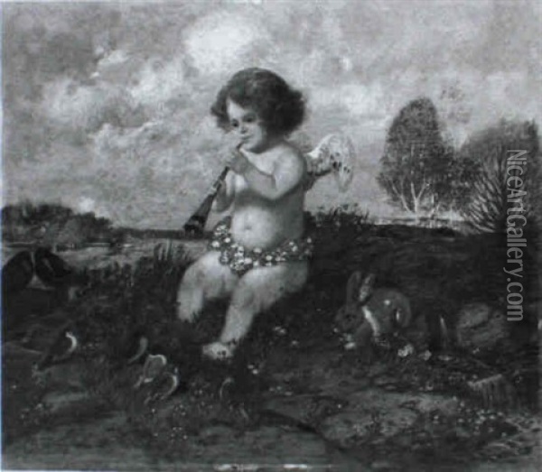 Musizierende Putto Auf Einer Wiese Oil Painting - Adolf Hengeler