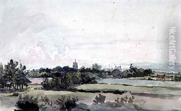 Suffolk Landscape, Fields with a belt of Trees, a Church Tower, Houses and a Windmill Oil Painting - Thomas Churchyard