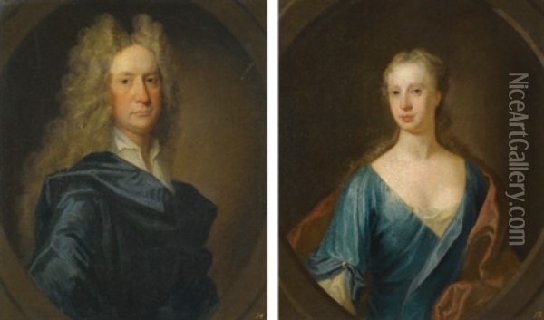 Portrait Of James Drummond, 2nd Laird Of Blair Drummond (+ Portrait Of His Wife Jean Carre Of Cavers; Pair) Oil Painting - William Aikman