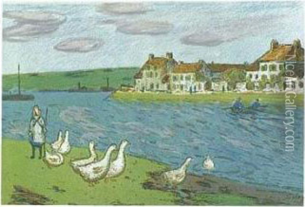 Bords De Riviere (les Oies) (delteil 6; Johnson 141) Oil Painting - Alfred Sisley