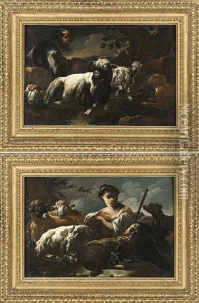 Pastore E Pastorella Con Armenti (pair) Oil Painting - Cajetan Roos