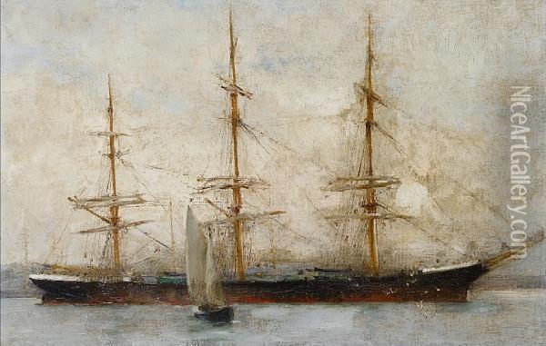A Three-masted Ship At Anchor Oil Painting - Henry Scott Tuke