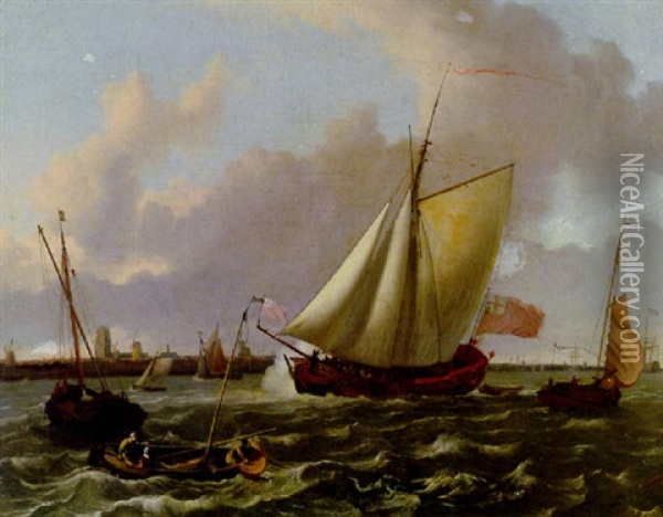 A British Sloop And Other Shipping In A Stiff Breeze On The Maas By Dordrecht Oil Painting - Ludolf Backhuysen the Elder