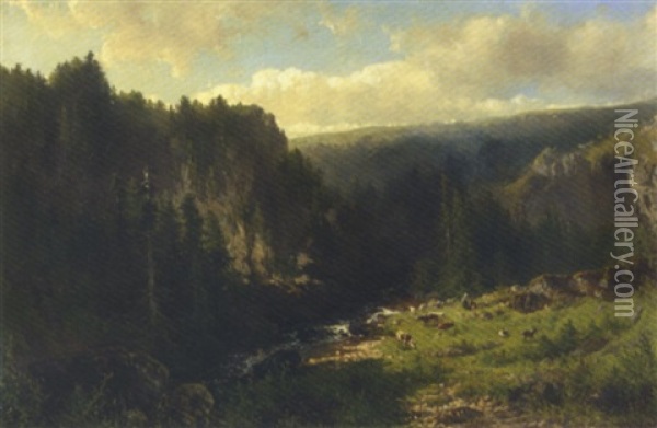 Cattle By A Stream In A Mountainous Landscape Oil Painting - Johannes Warnardus Bilders