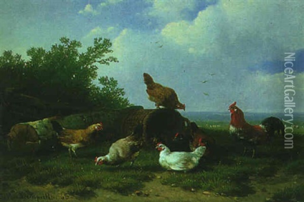 Cockerels And Hens In A Field Oil Painting - Cornelis van Leemputten