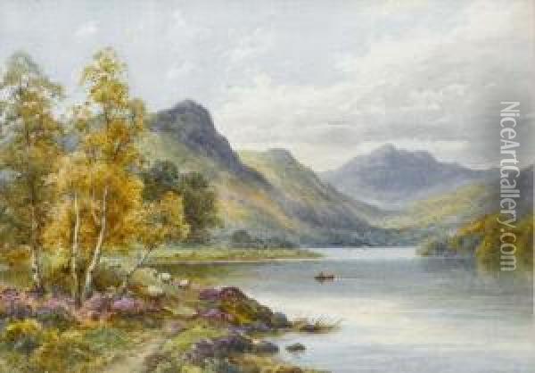 Highland Landscape Withfigure In Boat On Lake In Foreground Oil Painting - Harold Lawes