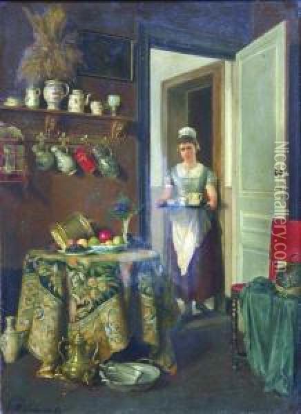 Dienstmeisje In Een Interieur - Bonne Dans Un Interieur. Oil Painting - Auguste Serrure