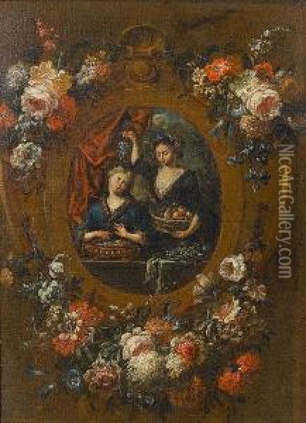 A Young Woman With A Vase Of 
Flowers, Another Holding A Bail Of Hay, In A Stone Cartouche Surrounded 
By A Garland Of Flowers; And A Young Woman Warming Her Hands, Another 
Holding A Basket Of Fruit In A Stone Cartouche Surrounded By A Garland 
Of Fl Oil Painting - Gaspar-pieter The Younger Verbruggen