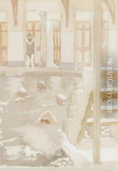 The Swimming Bath Oil Painting - Therese Lessore