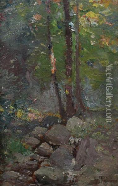 Three Trees Along Rocky Creek Oil Painting - Hal Robinson