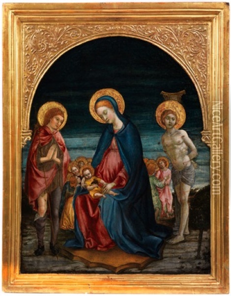 Maria Mit Dem Kind Umgeben Von Engeln, Mit Den Heiligen Rochus Und Sebastian Oil Painting - Benedetto Bonfigli