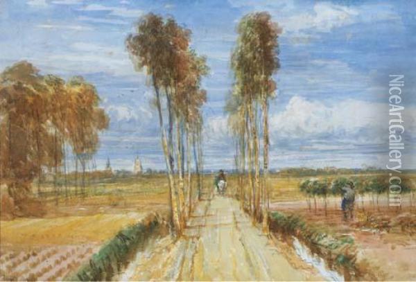 A Tree Lined Country Road, Summertime Oil Painting - David I Cox