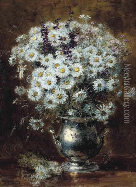 Daisies And Other Summer Blooms In A Silver Ewer Oil Painting - Alexis Kreyder
