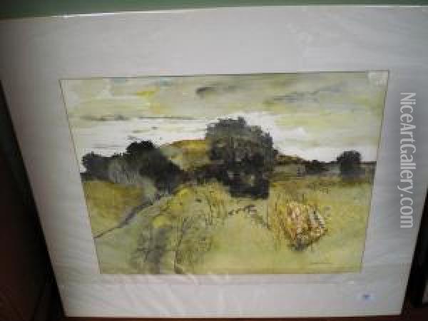 Field And Trees With Vegetation In The Foreground Oil Painting - John O'Connor