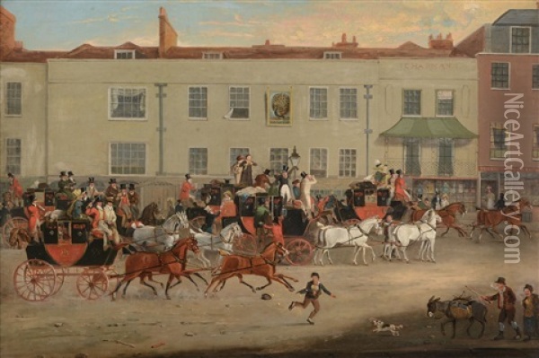 North Country Mails At The Peacock, Islington; The Elephant And Castle On The Brighton Road (pair) Oil Painting - James Pollard