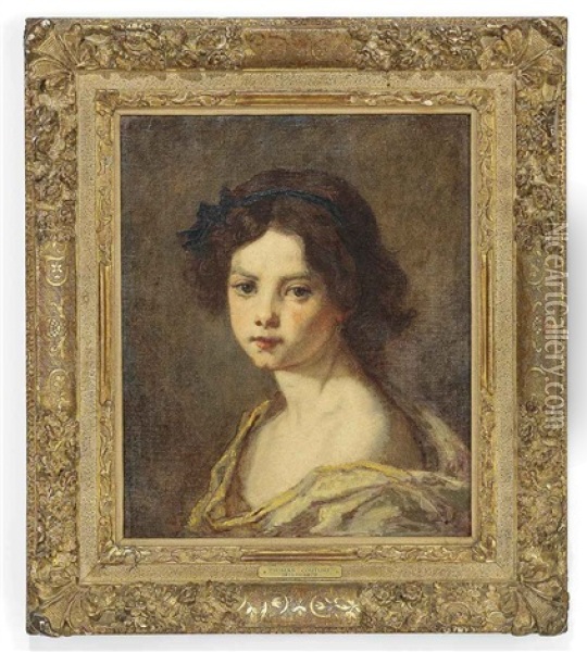 Portrait Of A Girl, Head And Shoulders, Ribbon In Her Hair With A Yellow Warp Around Her Shoulders Oil Painting - Thomas Couture