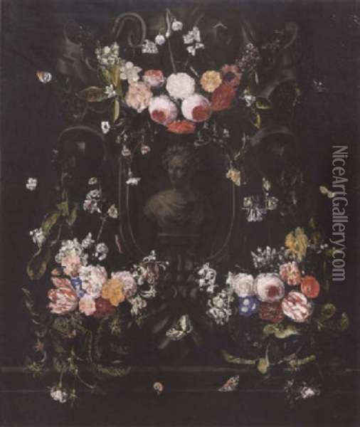 Swags Of Mixed Flowers With Butterflies, Caterpillars, A Ladybird And A Snail Surrounding A Sculpted Stone Cartouche With A Bust Of Flora Oil Painting - Christiaan Luycks