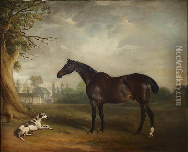 Study Of A Hunter And Dog By A Tree Oil Painting - John Snr Ferneley