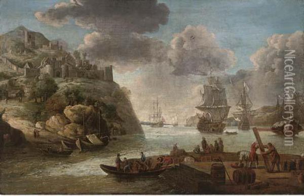 A Squadron Of The Royal Navy In A Mediterranean Harbour Oil Painting - Adriaen Van Diest
