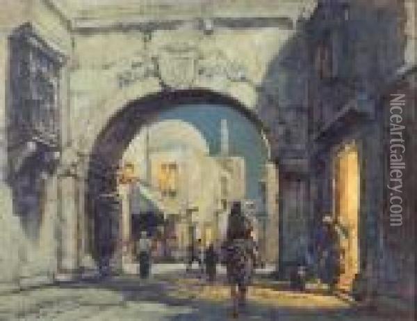 Arab Street Scene At Duskwith Archway And Figures Oil Painting - Arthur Vidal Diehl