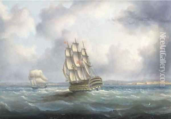 A British First Rate in the Atlantic with Cadiz off to starboard Oil Painting - James E. Buttersworth