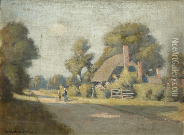 Figures Walking Down A Path Near A Cottage Oil Painting - William Staples Drown