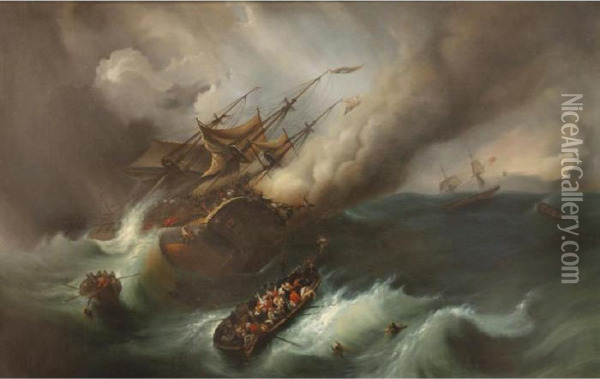 The Indiaman, Kent, On Fire In The Bay Of Biscay Oil Painting - Theodore Gudin
