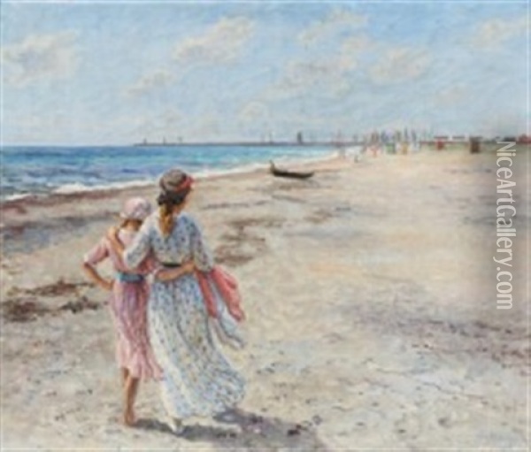 Two Girls Strolling Along The Beach Arm In Arm Oil Painting - Johannes Martin Fastings Wilhjelm