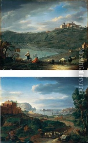 Veduta Di Castelgandolfo E Il Lago Di Nemi (+ Veduta Costiera Presso Roma; Pair) Oil Painting - Hendrick Frans van Lint