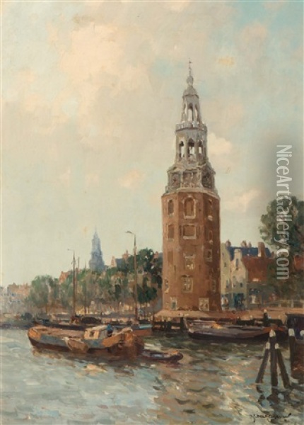 View Of The Montelbaanstoren Seen From The Oude Schans, Amsterdam Oil Painting - Gerard Delfgaauw