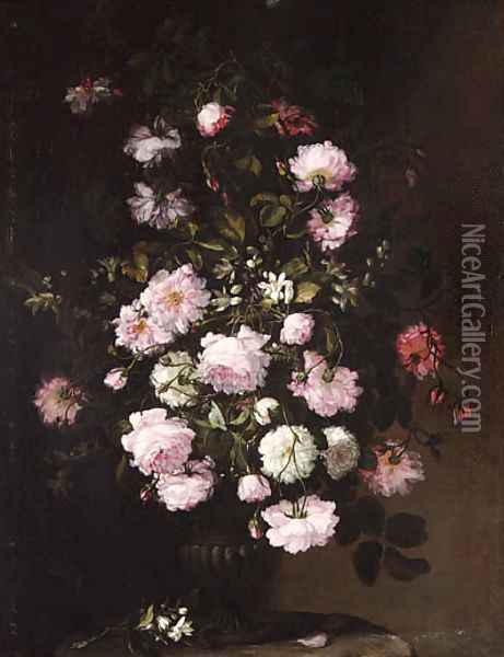 Roses and orange blossom in a vase on a pedestal Oil Painting - Rachel Ruysch