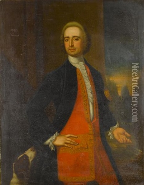 Portrait Of A Gentleman (edmund Kirke?) In A Blue Coat And A Red Embroidered Waistcoat, Standing With His Spaniel Before An Open Landscape Oil Painting - Bartholomew Dandridge