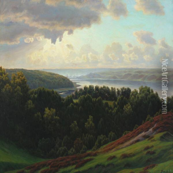 View Of Vejle Fiord In The Evening Sun Oil Painting - Henrik Gamst Jespersen