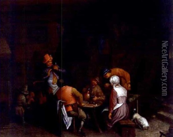 Peasants And Dog In A Tavern Oil Painting - Adriaen Jansz van Ostade
