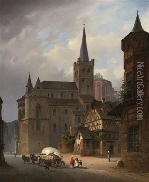 Partie In Bacharach Mit Der Peterskirche Und Der Ruine Der Wernerkapelle Oil Painting - Friedrich Eibner