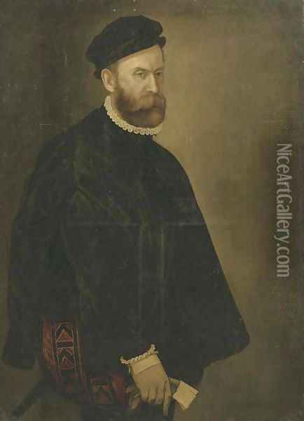 Portrait of a gentleman, three-quarter-length, in a black costume, white collar and cuffs and a black hat, a glove in his right hand Oil Painting - Giovanni Battista Moroni