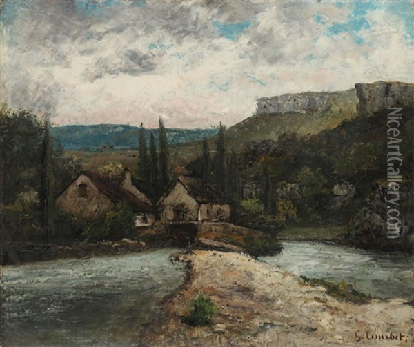 Paysage De Riviere Du Jura / Lanscape At The River Jura Oil Painting - Gustave Courbet
